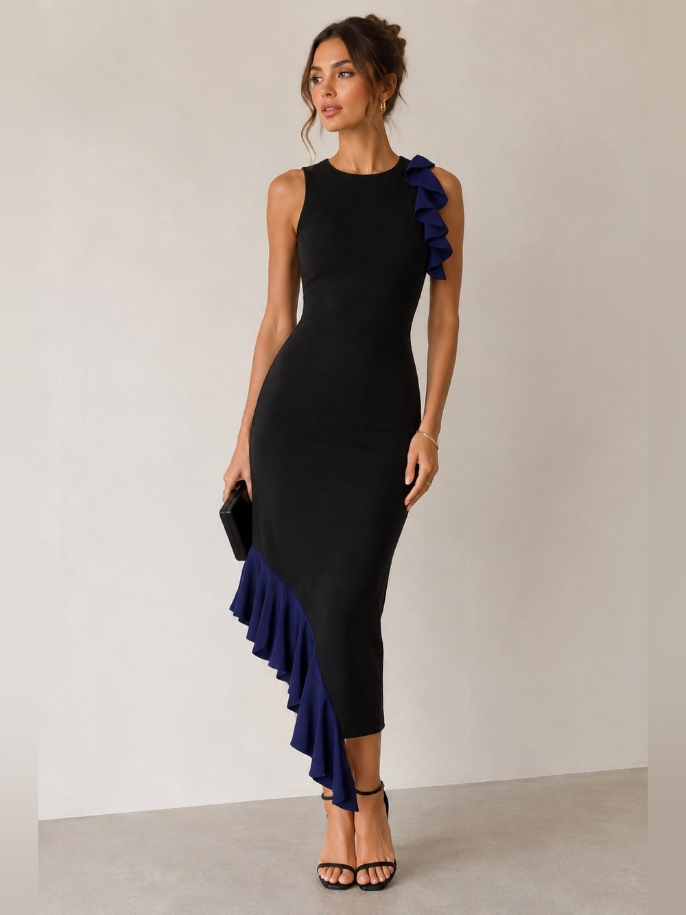 Jonathan Simkhai Ruffle Asymmetric Hem Cocktail Dress Black Blue NWT S